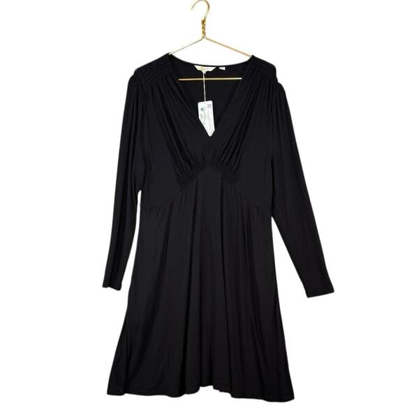 Boden Black Long Sleeve Dress | Deep V-Neck Ruched Waist Midi | Size 16/18R NWT - Picture 5 of 12